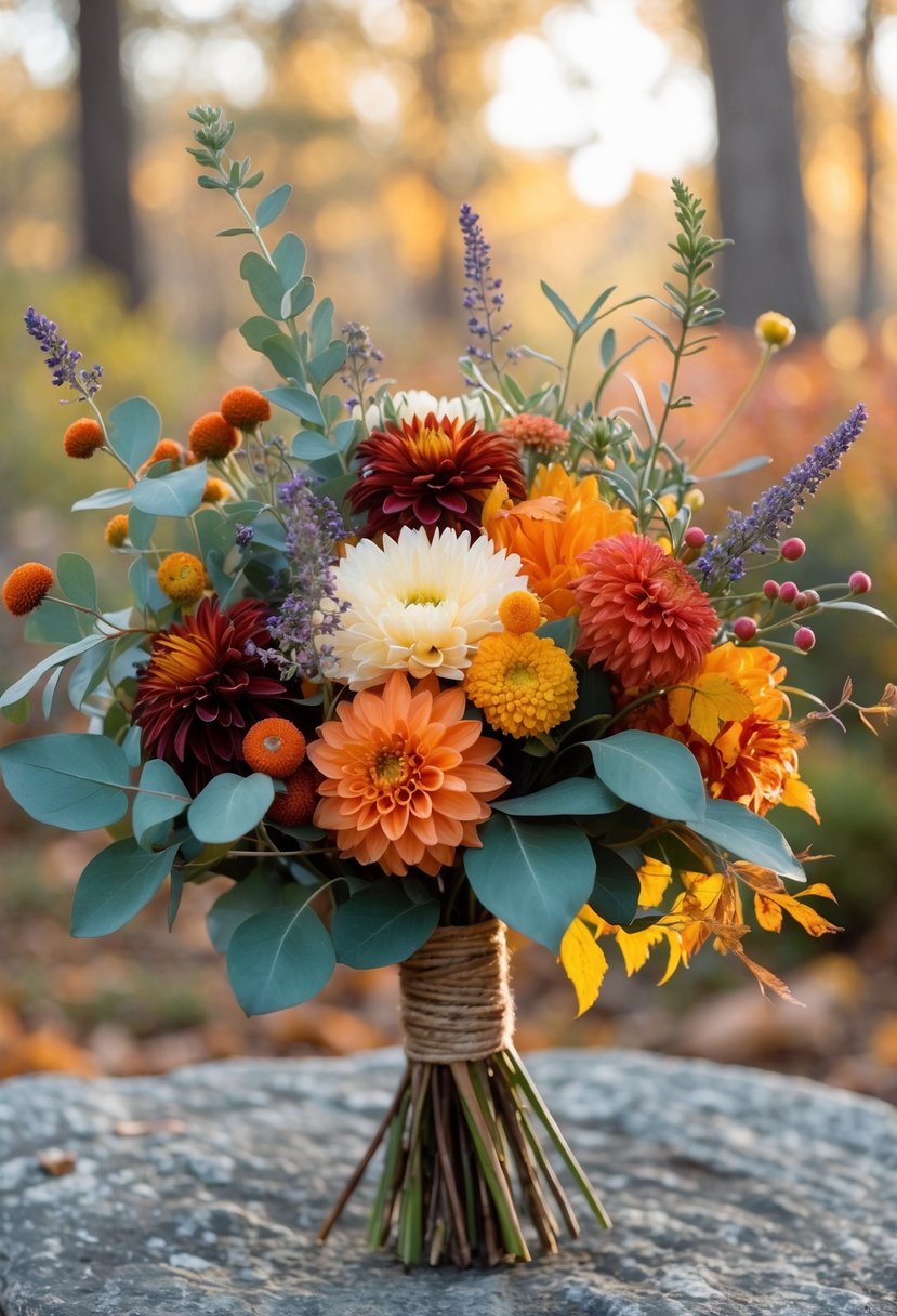 A close-up of a bridal bouquet with autumn flowers and greenery in warm colors, set outdoors with soft golden light.