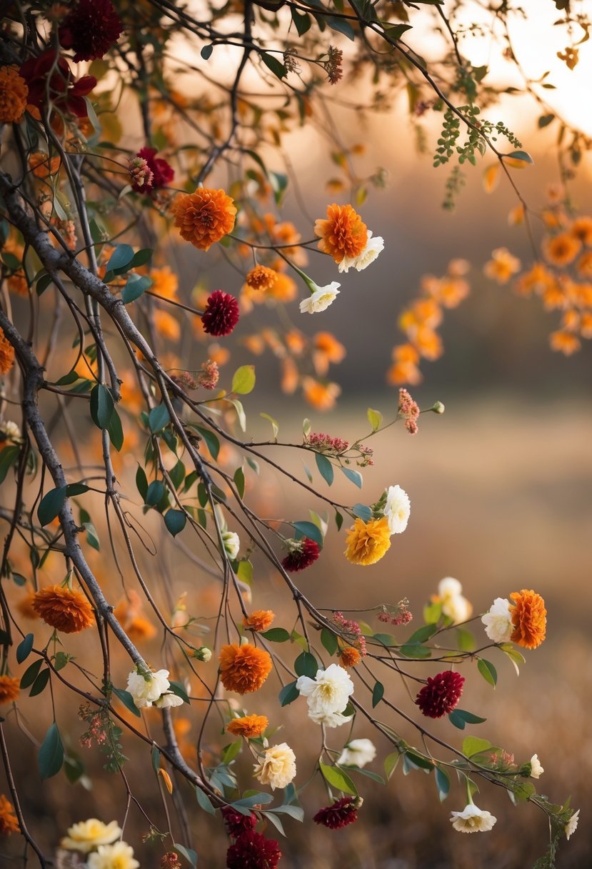 Close-up of tree branches decorated with autumn flowers and leaves in warm colors.