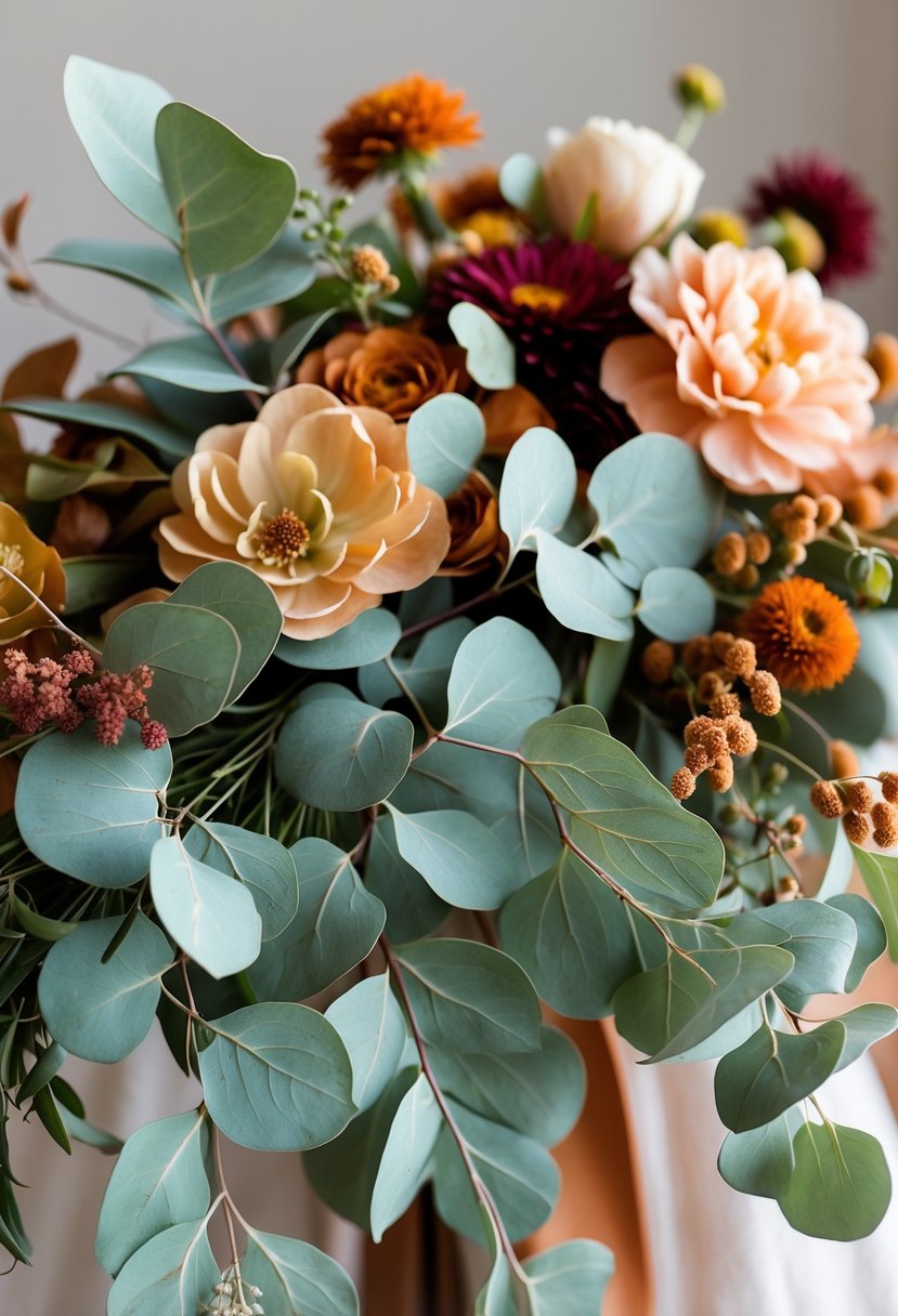Close-up of eucalyptus leaves and autumn flowers arranged together in warm fall colors.