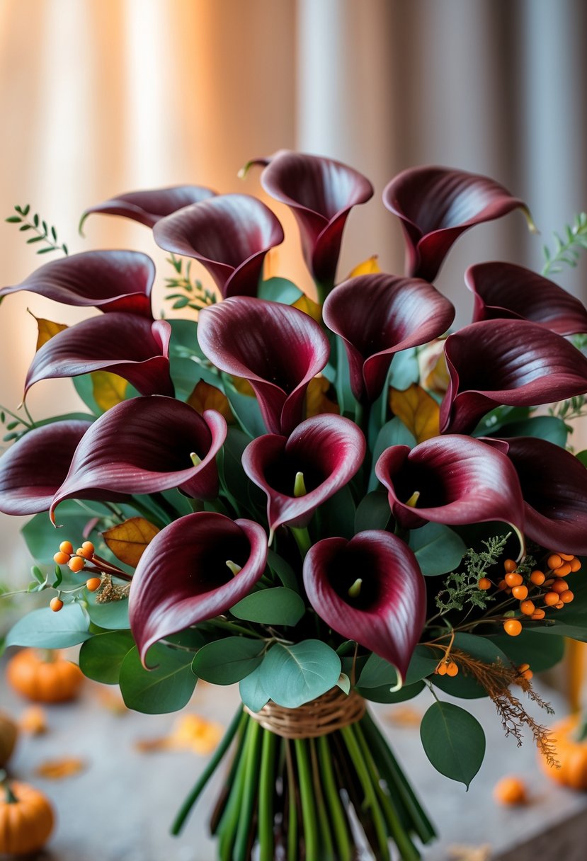 A bouquet of 13 deep burgundy calla lilies with autumnal greenery and small orange berries on a softly blurred background.