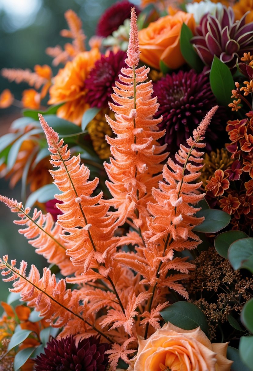 Close-up of orange astilbe flowers arranged with autumnal wedding flowers in warm colors.