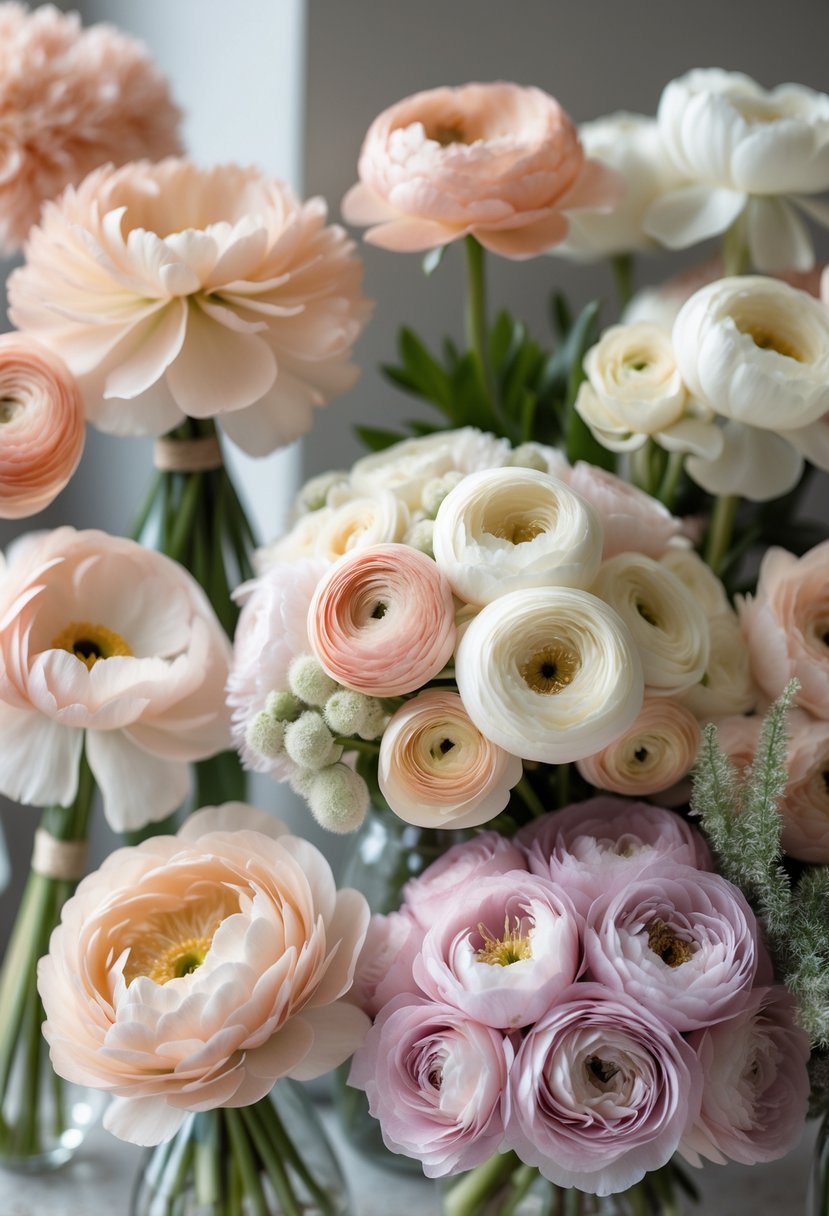 Several ranunculus flower bouquets in soft pastel colors arranged together with a blurred background.