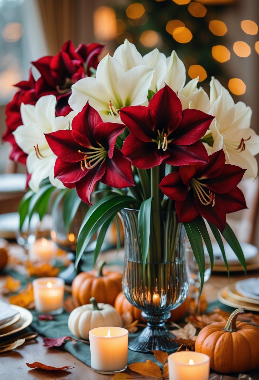 Wedding table with centerpieces of red and white amaryllis flowers surrounded by autumn decorations.