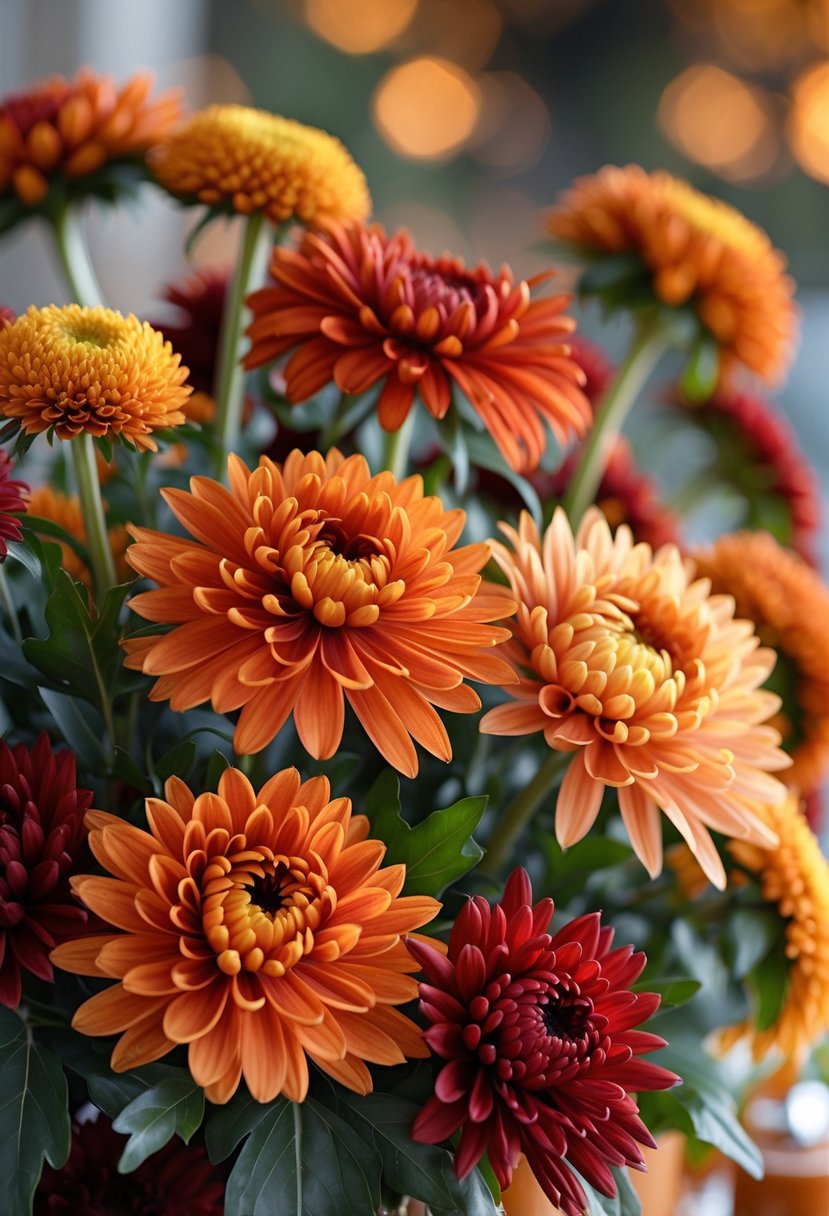 Close-up of chrysanthemums in warm autumn colors arranged as a wedding centerpiece.