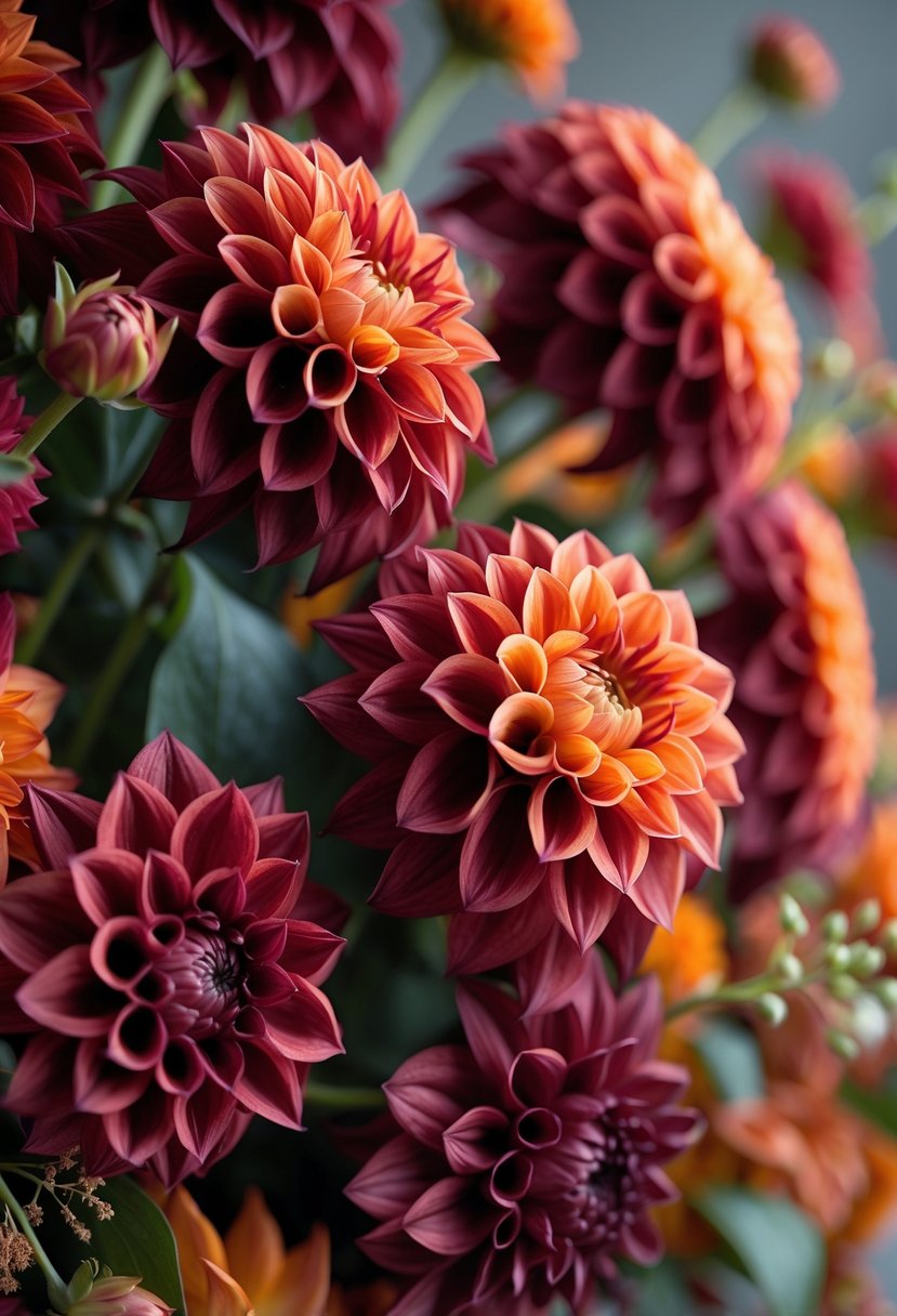 Close-up of burgundy and orange dahlias in a floral arrangement with green leaves.