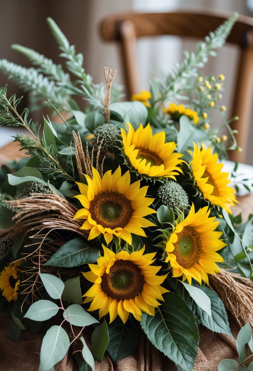 A bouquet of bright yellow sunflowers mixed with rustic green foliage.