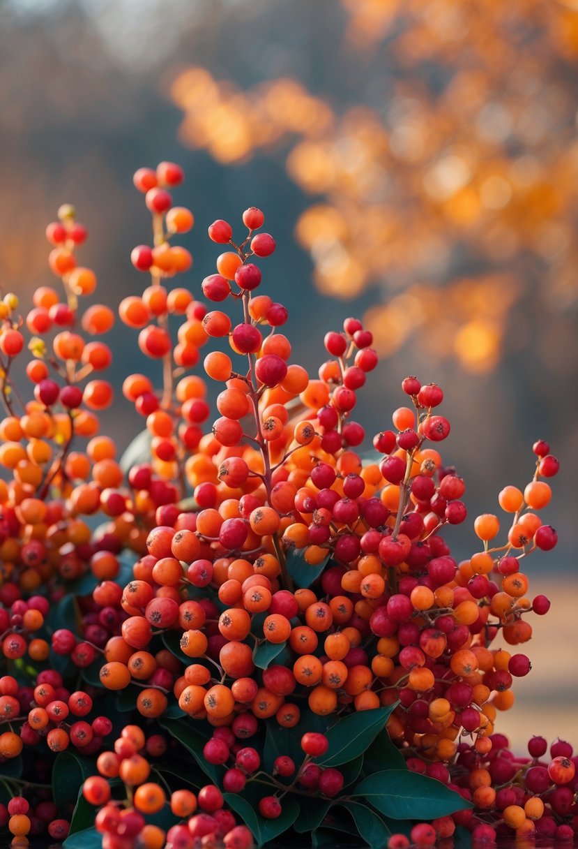 Close-up of bright red and orange Hypericum berries with autumn leaves blurred in the background.