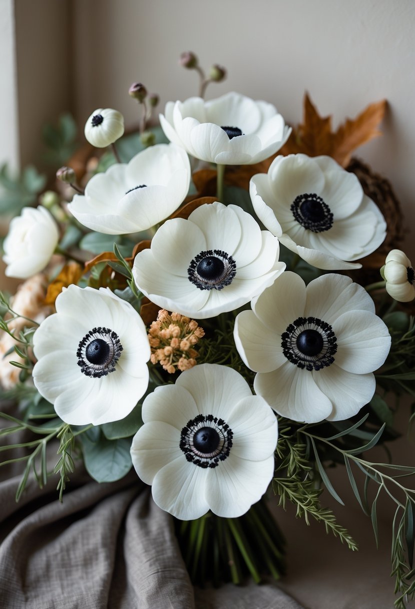 A bouquet of white anemone flowers with dark centers arranged with greenery and autumnal tones.