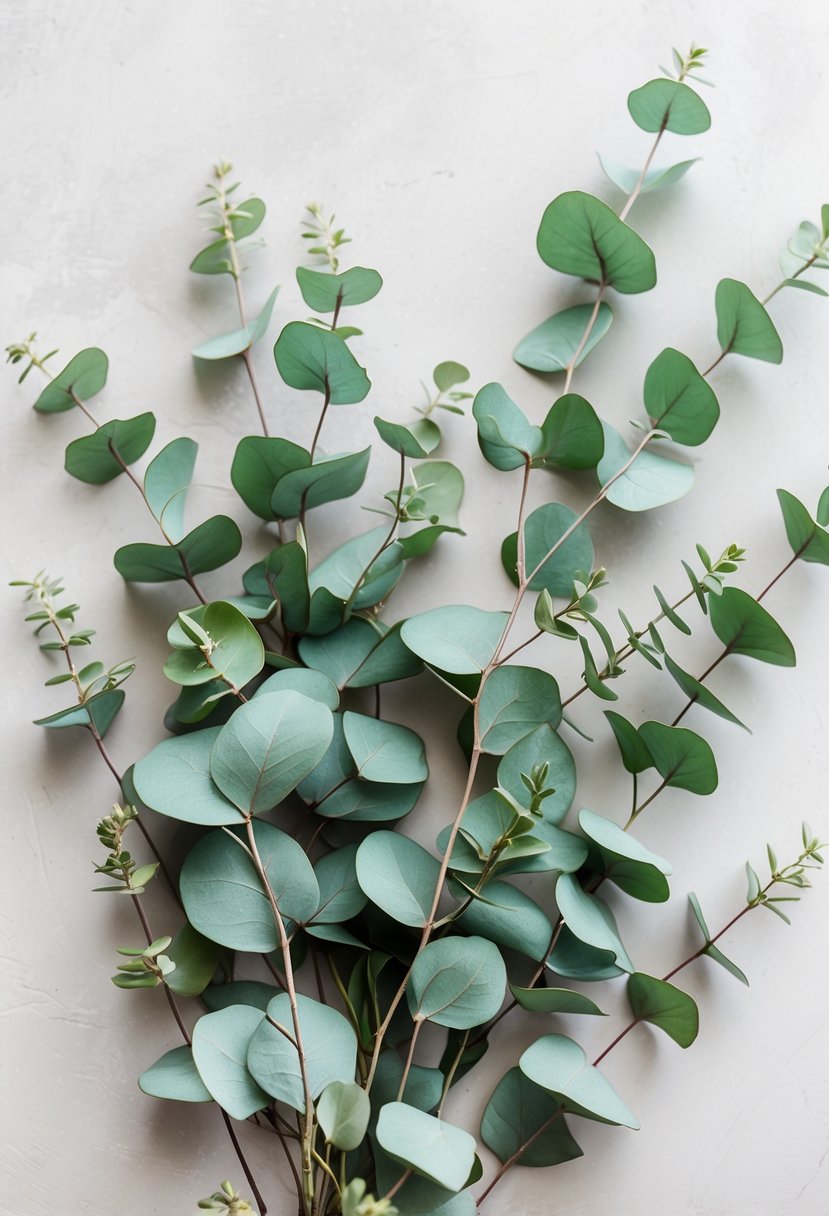 Close-up of fresh eucalyptus sprigs with green leaves on a neutral background.