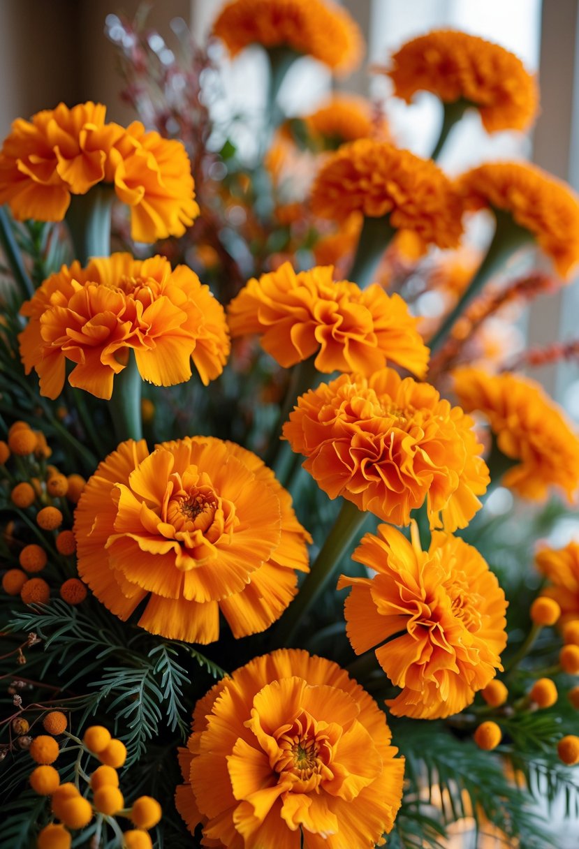 Close-up of vibrant orange marigold flowers arranged for a November wedding.
