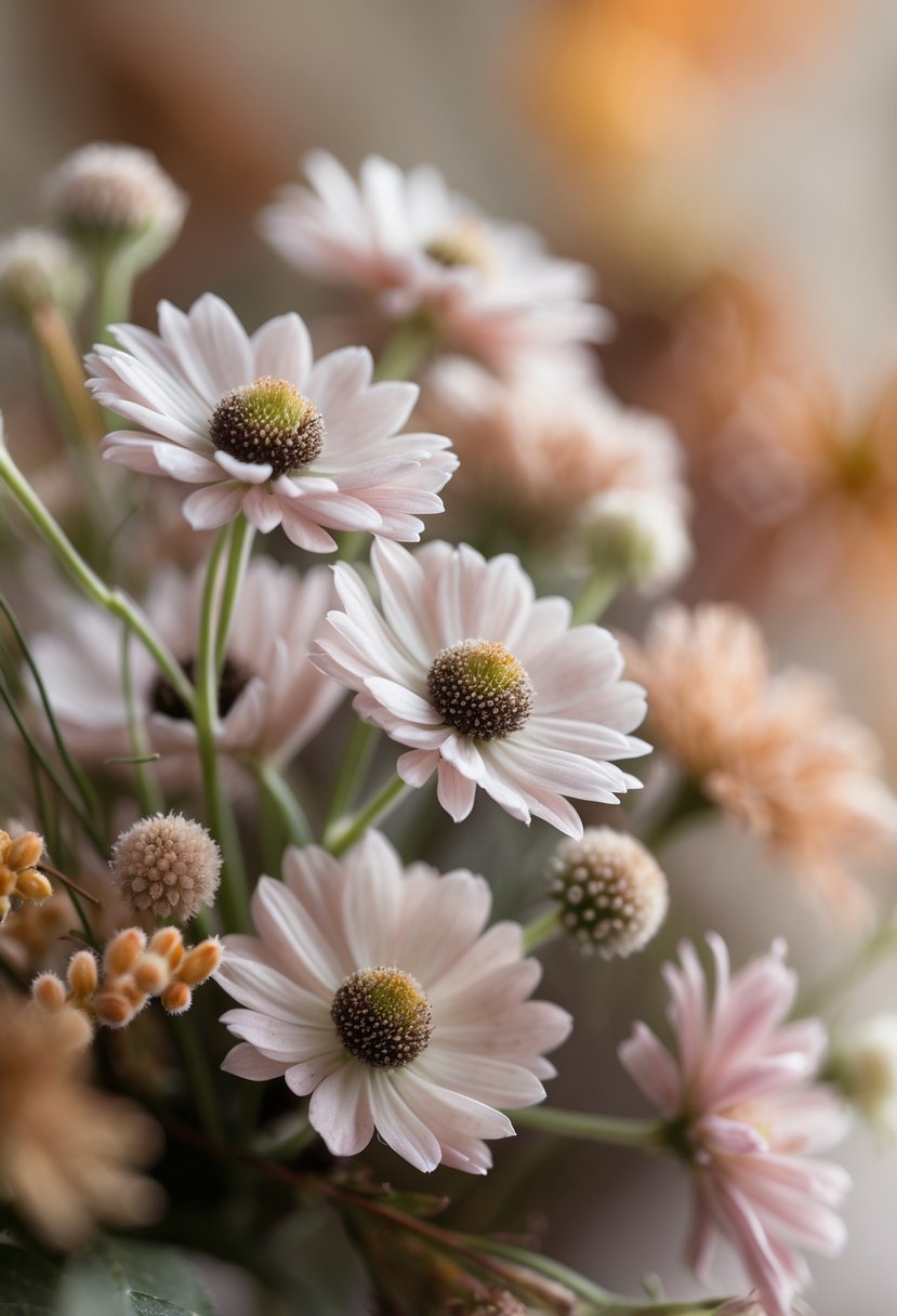 Close-up of delicate Scabiosa flowers with autumn colors in the background.