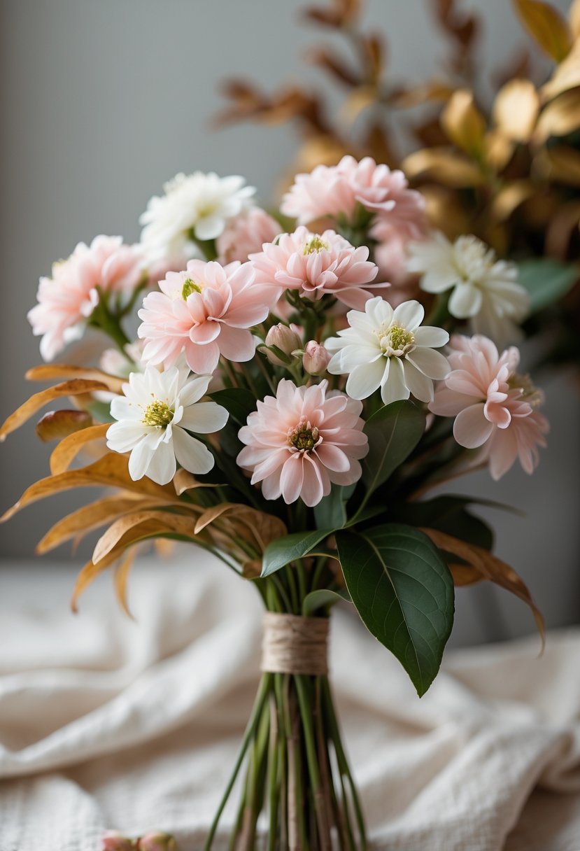 A close-up of a bouquet of waxflowers with pink and white blossoms surrounded by autumn foliage.