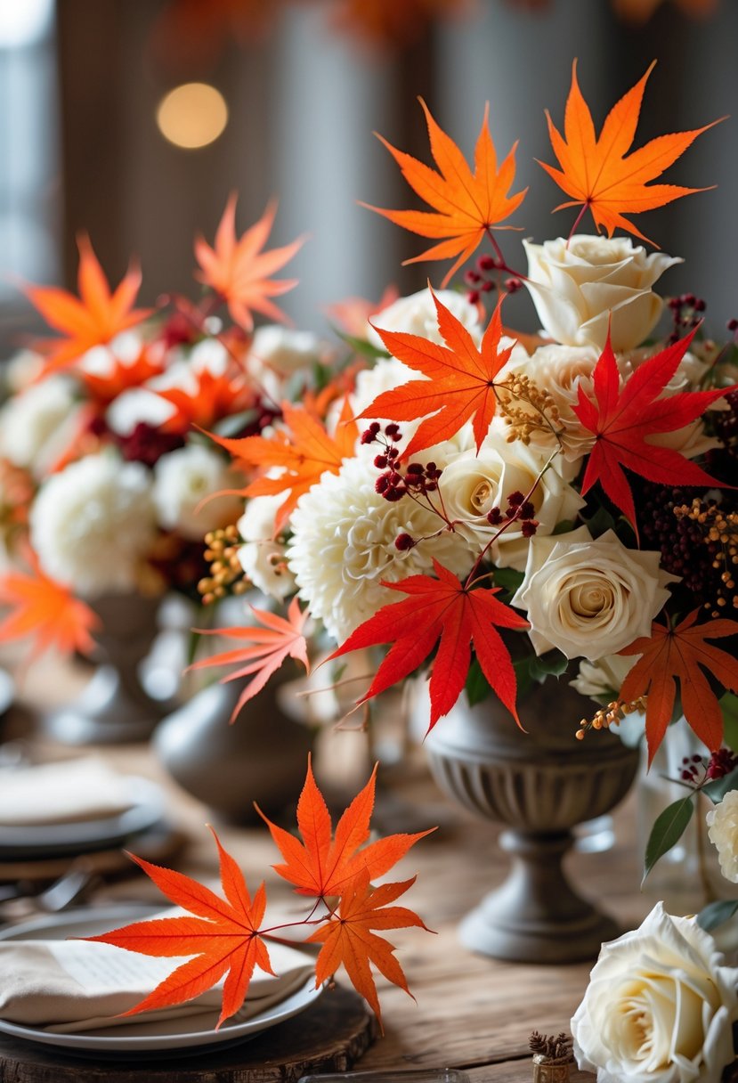 Close-up of Japanese maple leaves arranged with white and cream flowers in an autumn wedding setting.
