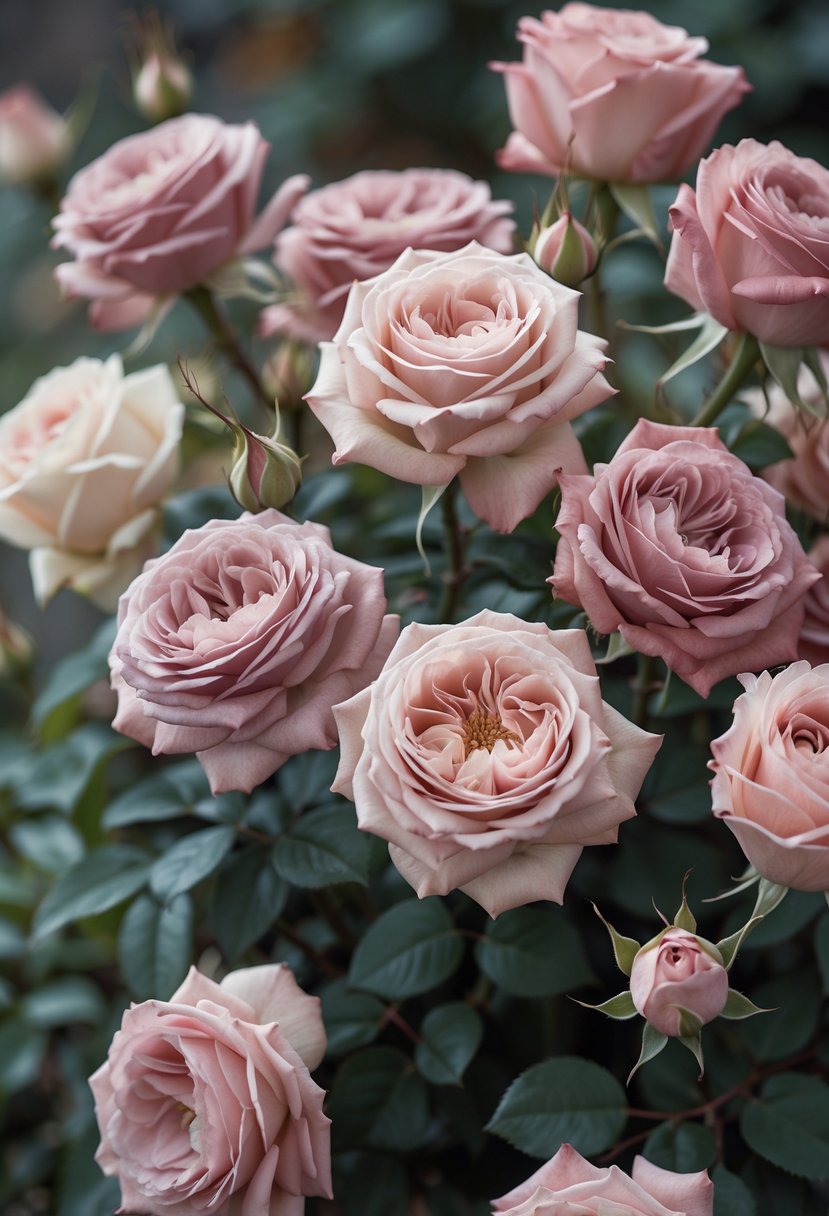 Close-up of dusty pink garden roses with green foliage in the background.
