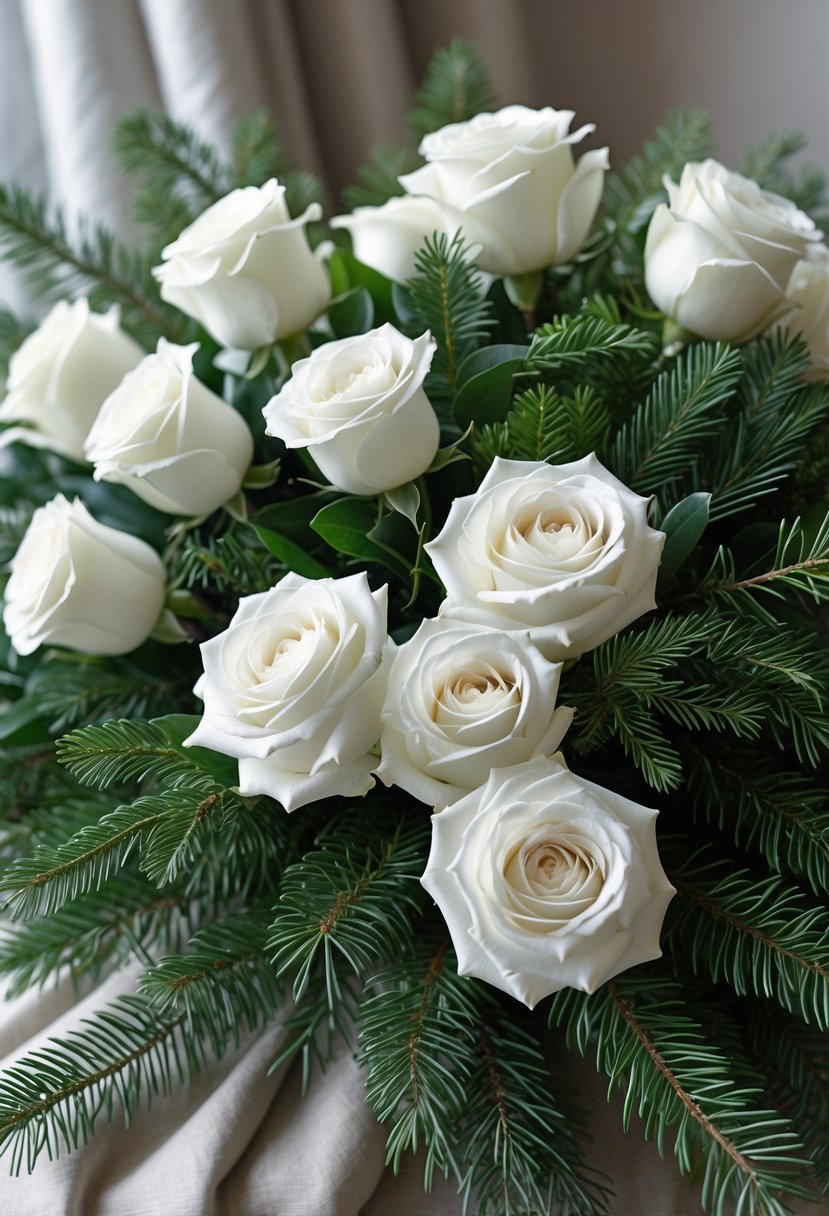 A close-up of white roses combined with green evergreen sprigs arranged together.