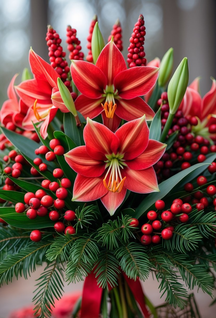 A bouquet of red amaryllis flowers and red berries with green leaves.