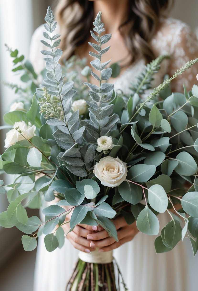 A wedding bouquet featuring dusty miller leaves and eucalyptus branches arranged together.