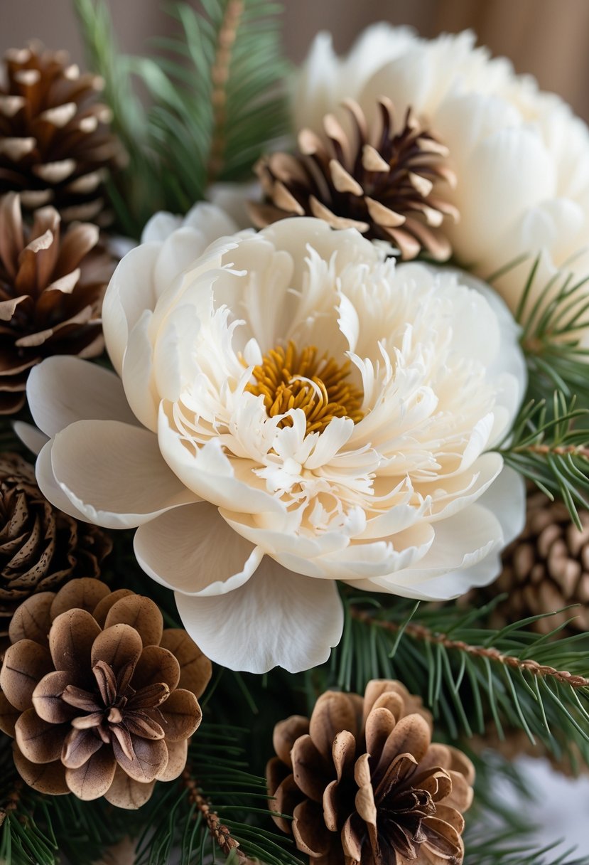 Close-up of creamy white peonies and brown pinecones arranged together.