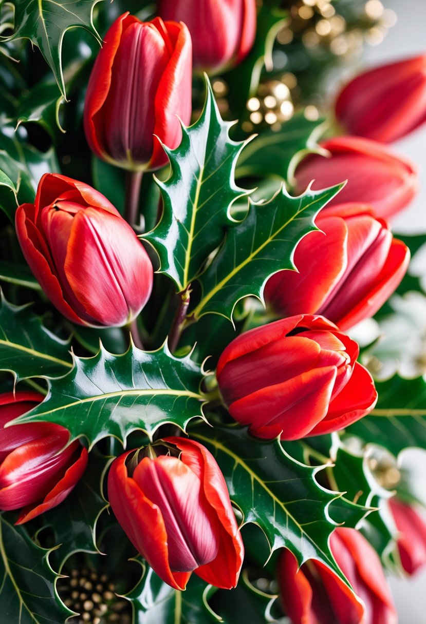 A close-up of red tulips mixed with green holly leaves in a floral arrangement.