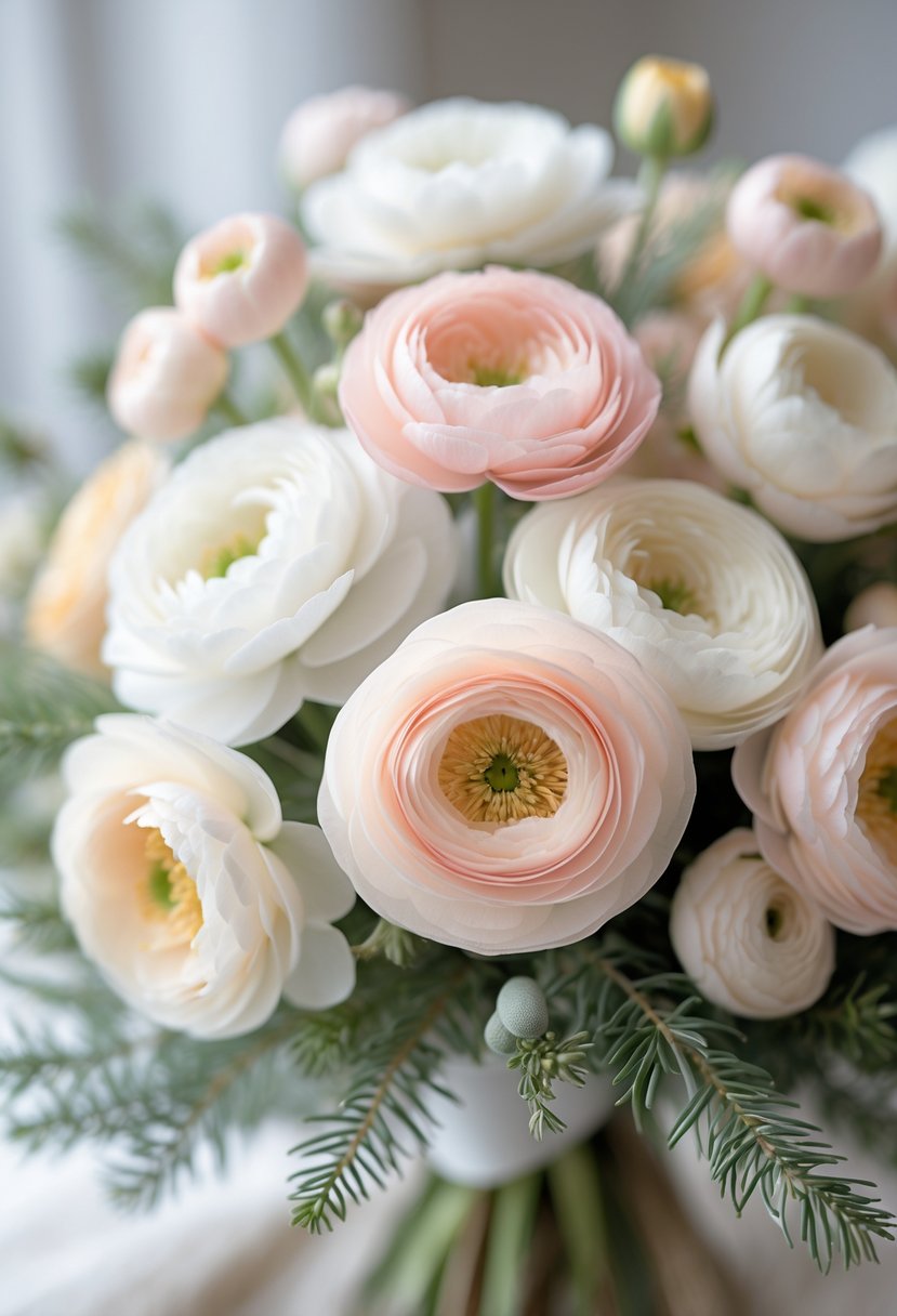 Close-up of pastel-colored ranunculus flowers arranged with greenery.
