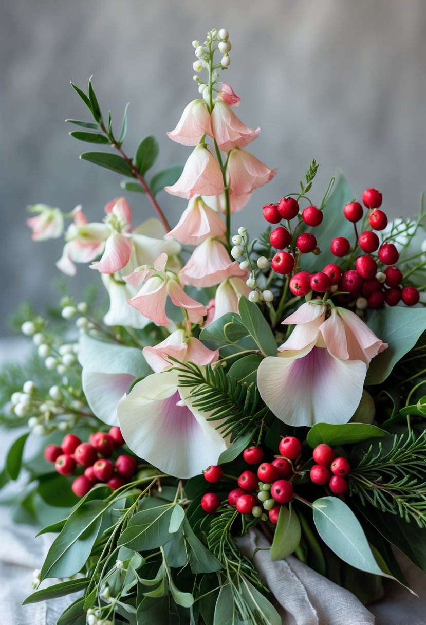 A close-up of a wedding bouquet with pink and white sweet peas and red hypericum berries surrounded by green leaves.