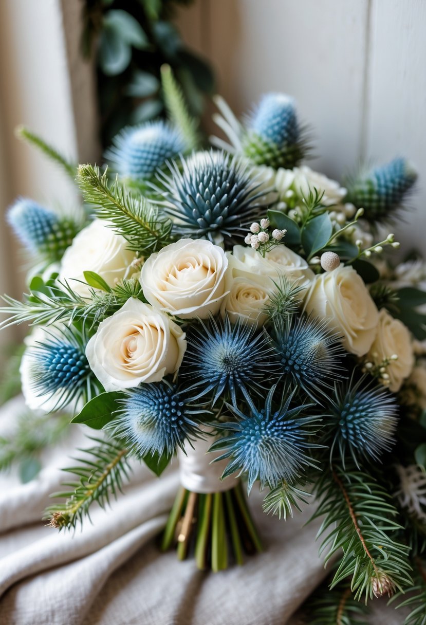 A wedding bouquet with blue thistle flowers, white blooms, and greenery arranged together.