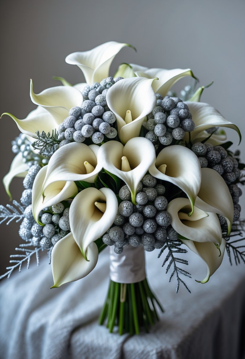 A bridal bouquet of white calla lilies and silver brunia flowers arranged together.