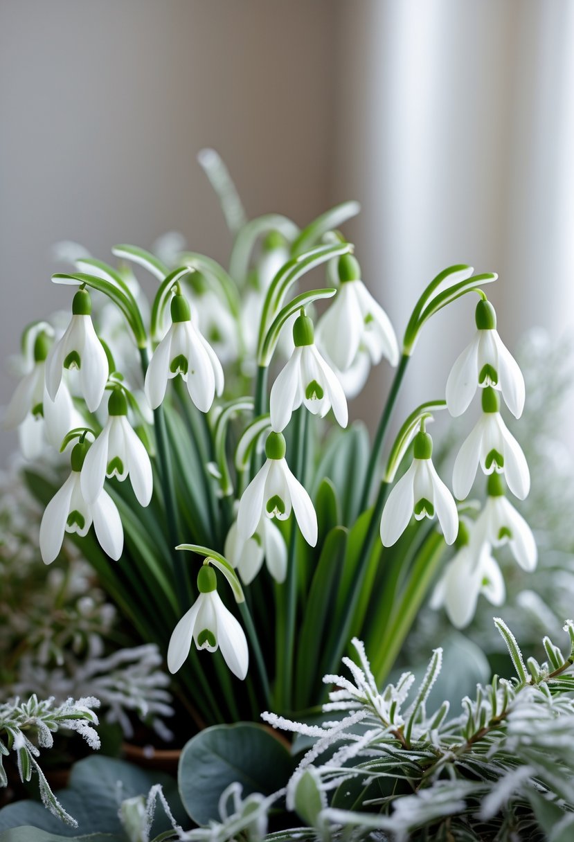 Close-up of delicate white snowdrop flowers arranged with greenery for a winter wedding.