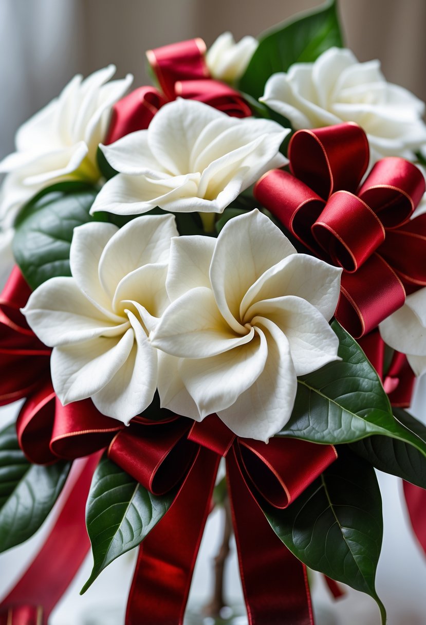 Close-up of white gardenia flowers decorated with red velvet ribbons.
