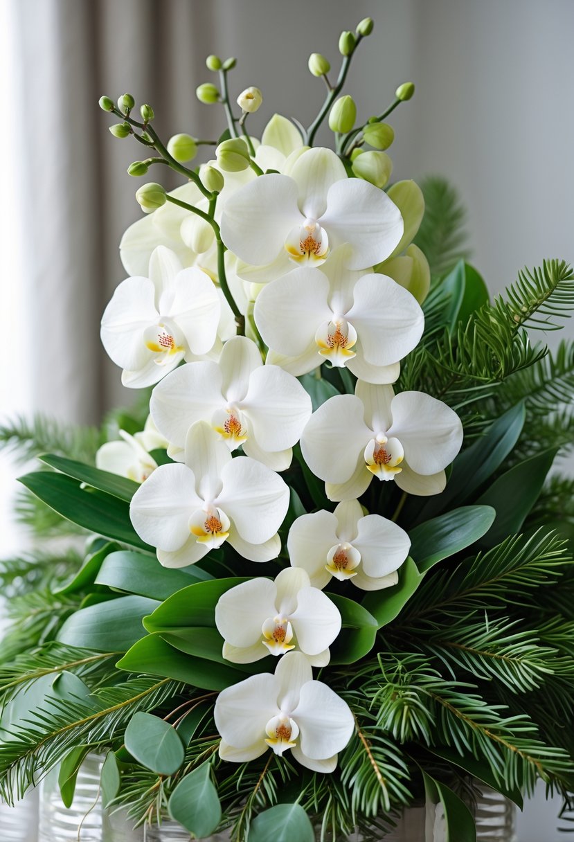 A close-up of ivory orchids arranged with green wintergreen leaves in a winter wedding floral display.