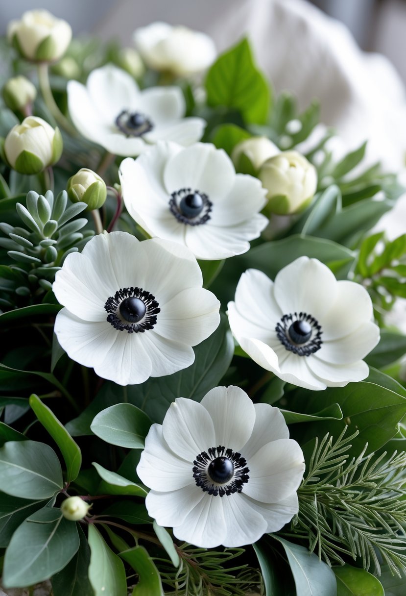 Close-up of white anemone flowers with dark centers surrounded by green leaves.