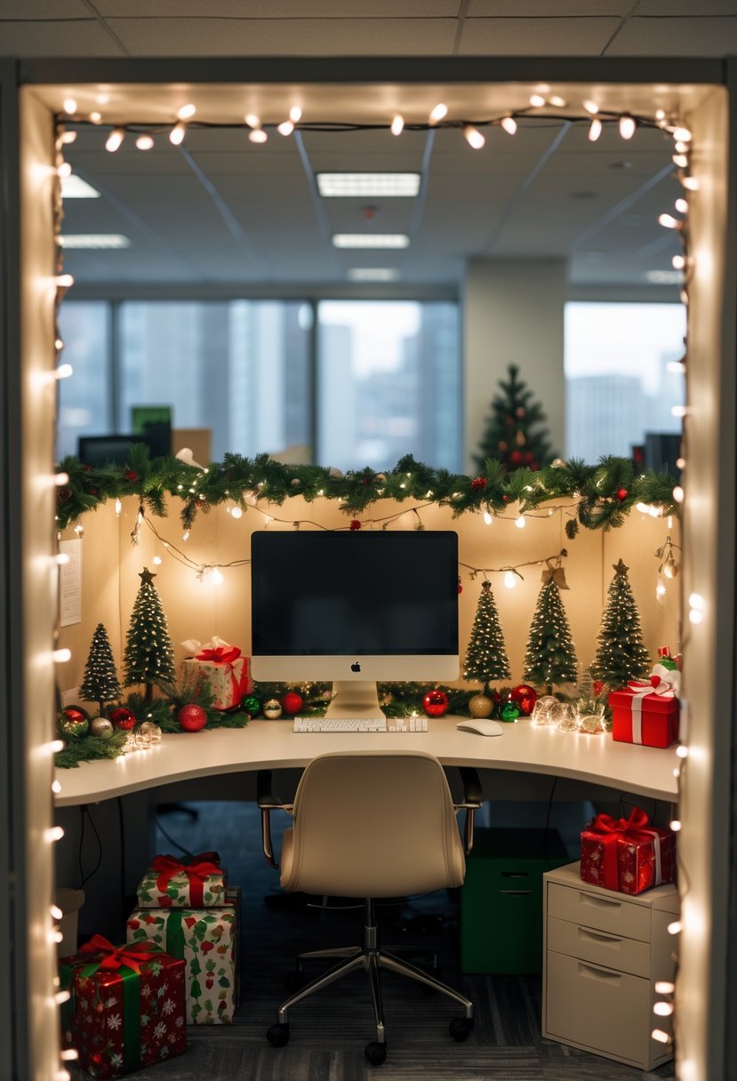 An office cubicle decorated with twinkling fairy lights and various Christmas decorations on the desk.