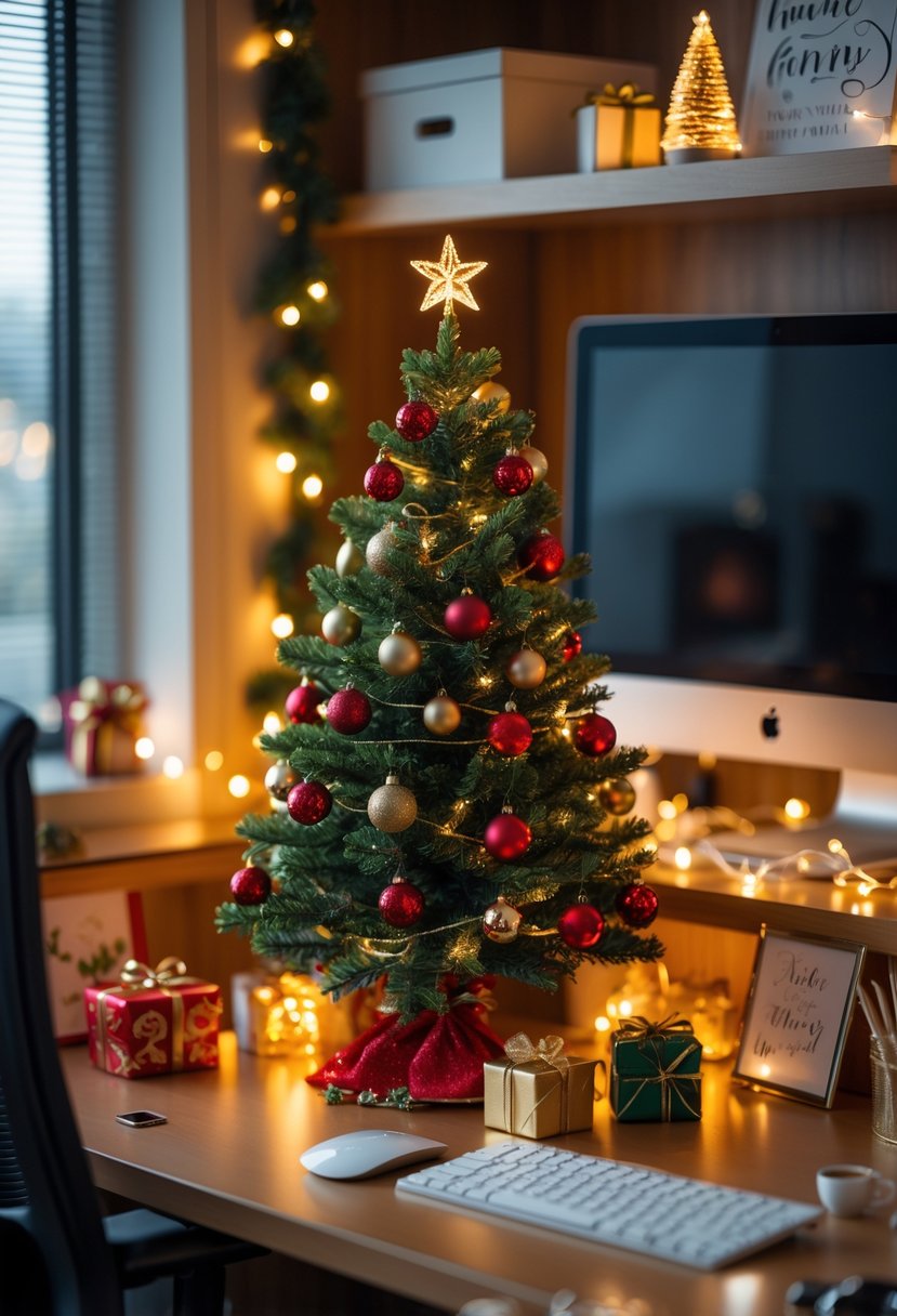 A miniature tabletop Christmas tree decorated with red and gold ornaments on a desk in a cozy office cubicle with holiday decorations and warm lighting.