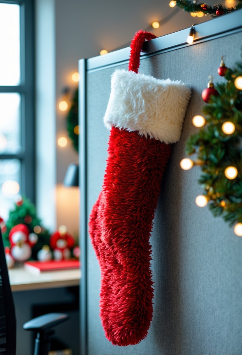 A red and white Christmas stocking hanging on a cubicle wall with festive holiday decorations around it.