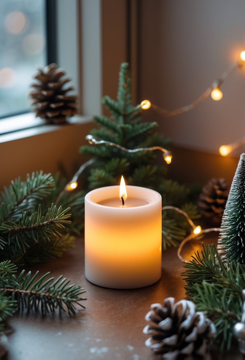 A decorated office cubicle with a battery-operated flameless candle surrounded by pine branches and Christmas decorations.