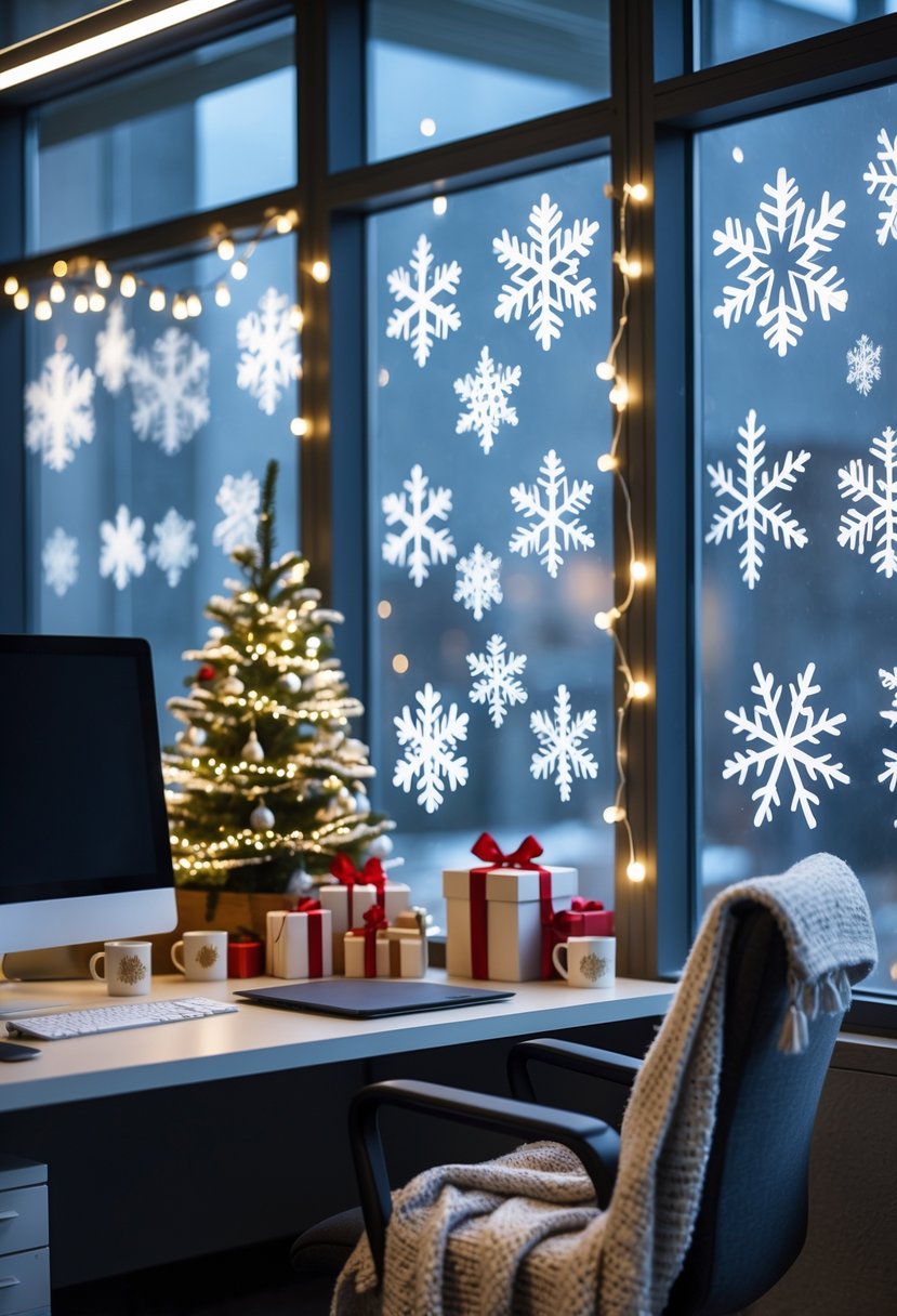 Office cubicle decorated for Christmas with snowflake window clings, a small Christmas tree, string lights, and holiday decorations.