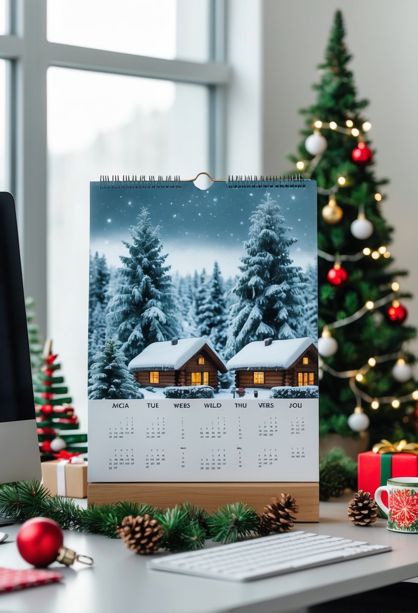 A holiday-themed desk calendar with winter scenes surrounded by various cozy Christmas decorations in an office cubicle.