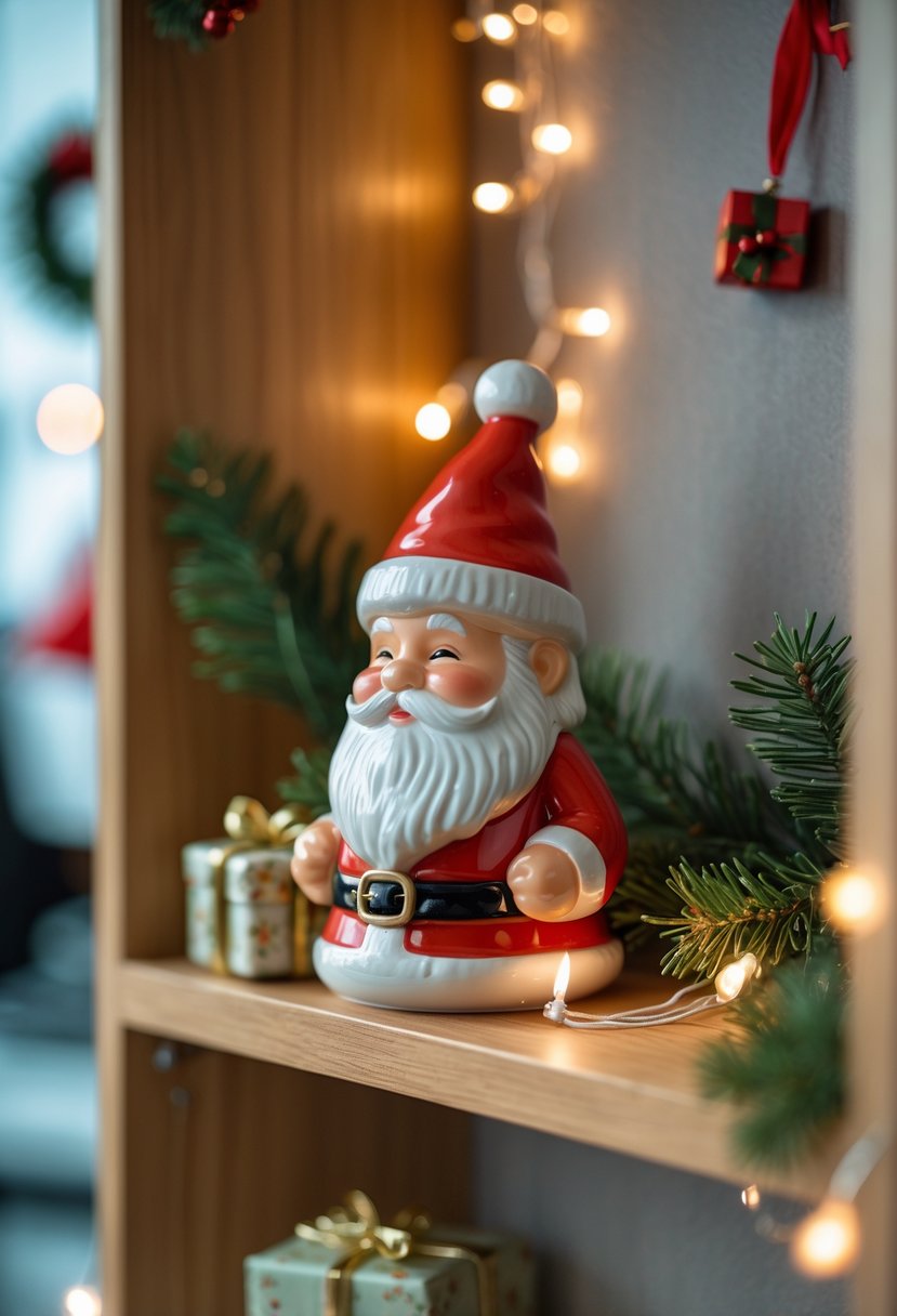 Small ceramic Santa figurine on a corner shelf in a decorated office cubicle with Christmas decorations.