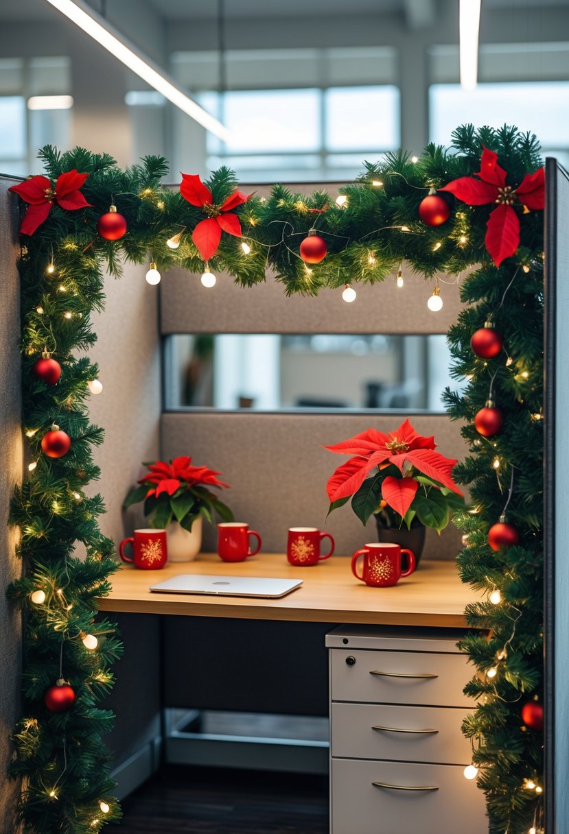 Office cubicle edge wrapped with red and green garland and small Christmas decorations inside the workspace.