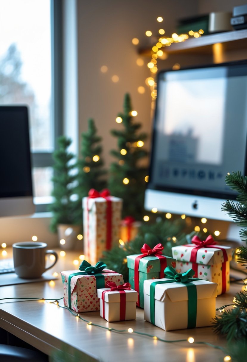 A desk in an office cubicle decorated with miniature wrapped gift boxes and holiday decorations.