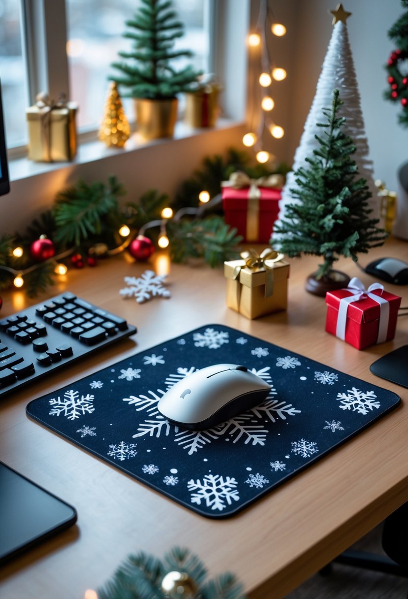 Office cubicle decorated for Christmas with a snowy-themed mouse pad and festive holiday decorations.