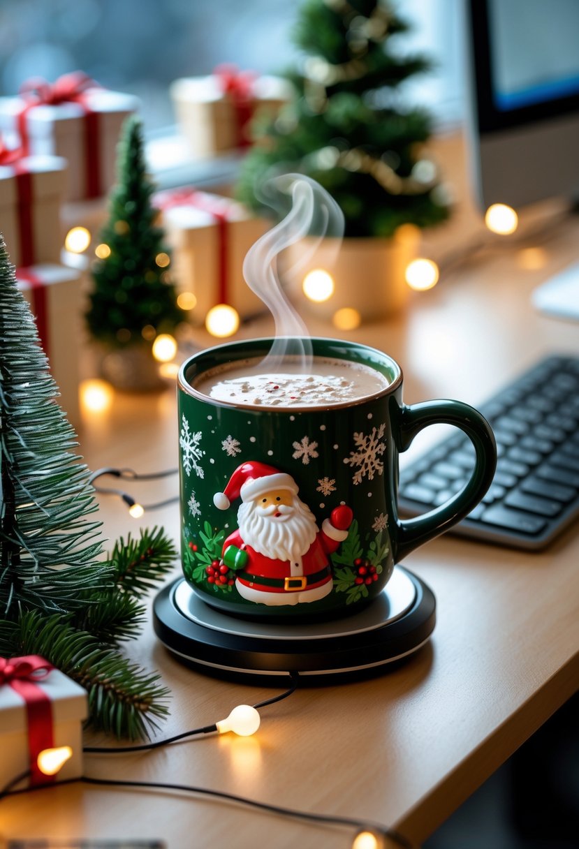 A holiday-themed mug filled with cocoa on a mug warmer in a decorated office cubicle with Christmas decorations.