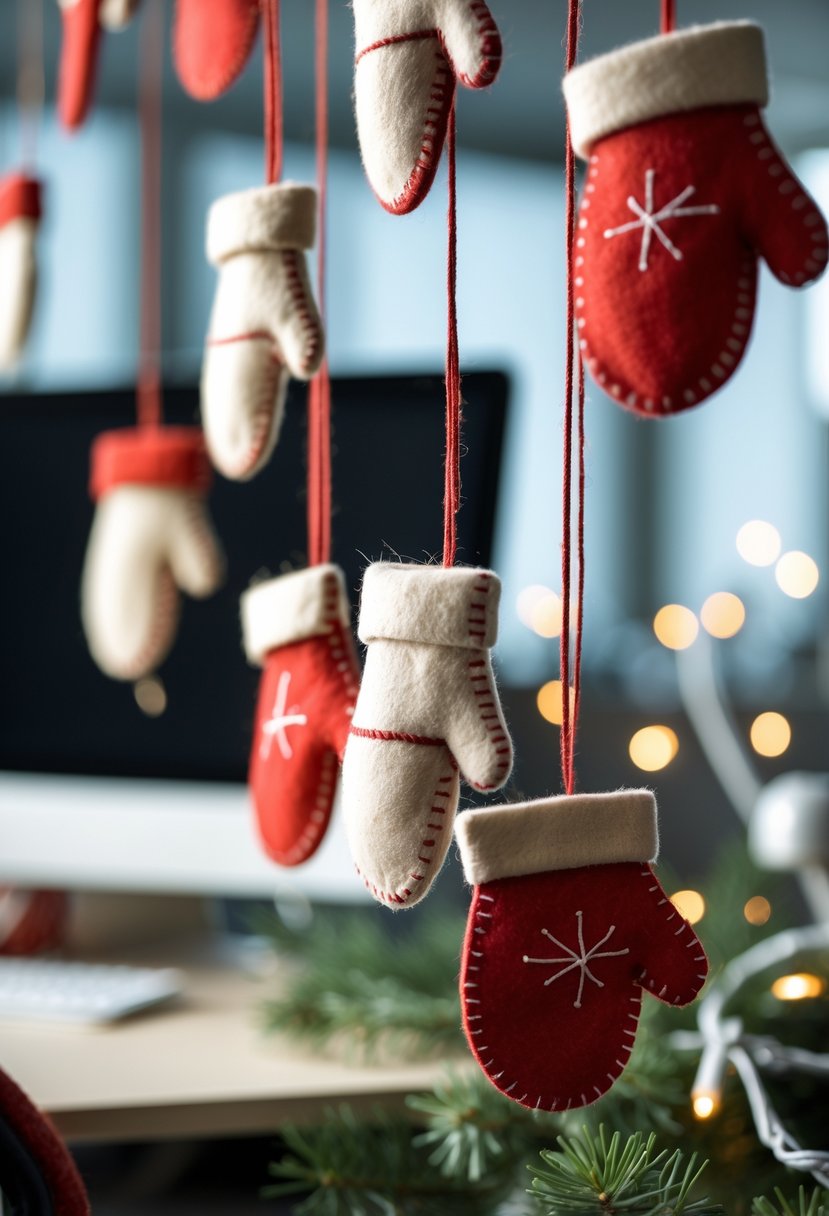 A string of felt mitten and star ornaments hanging in a decorated office cubicle for Christmas.