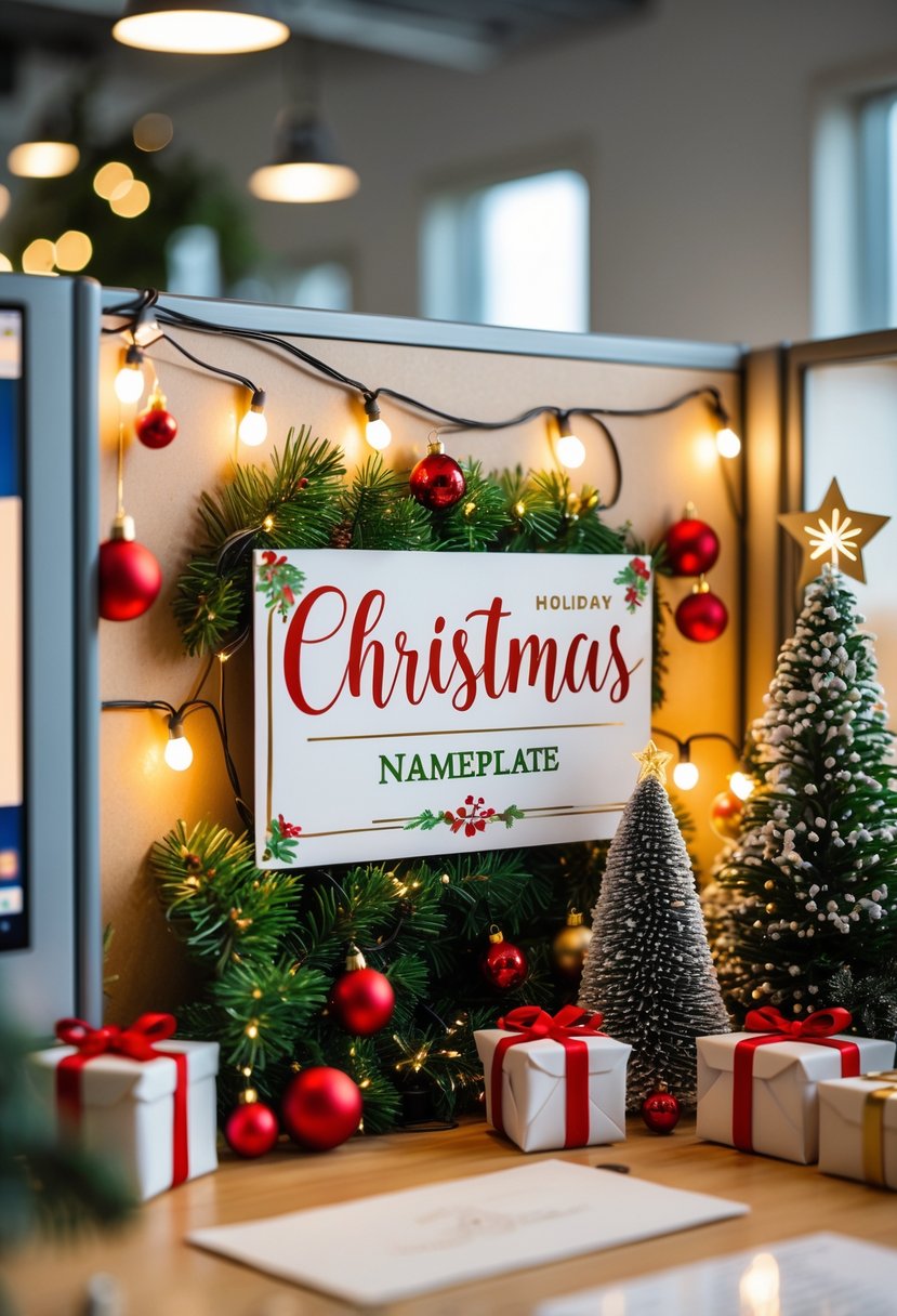 An office cubicle decorated with Christmas ornaments, lights, a small tree, and a personalized festive nameplate without visible text.