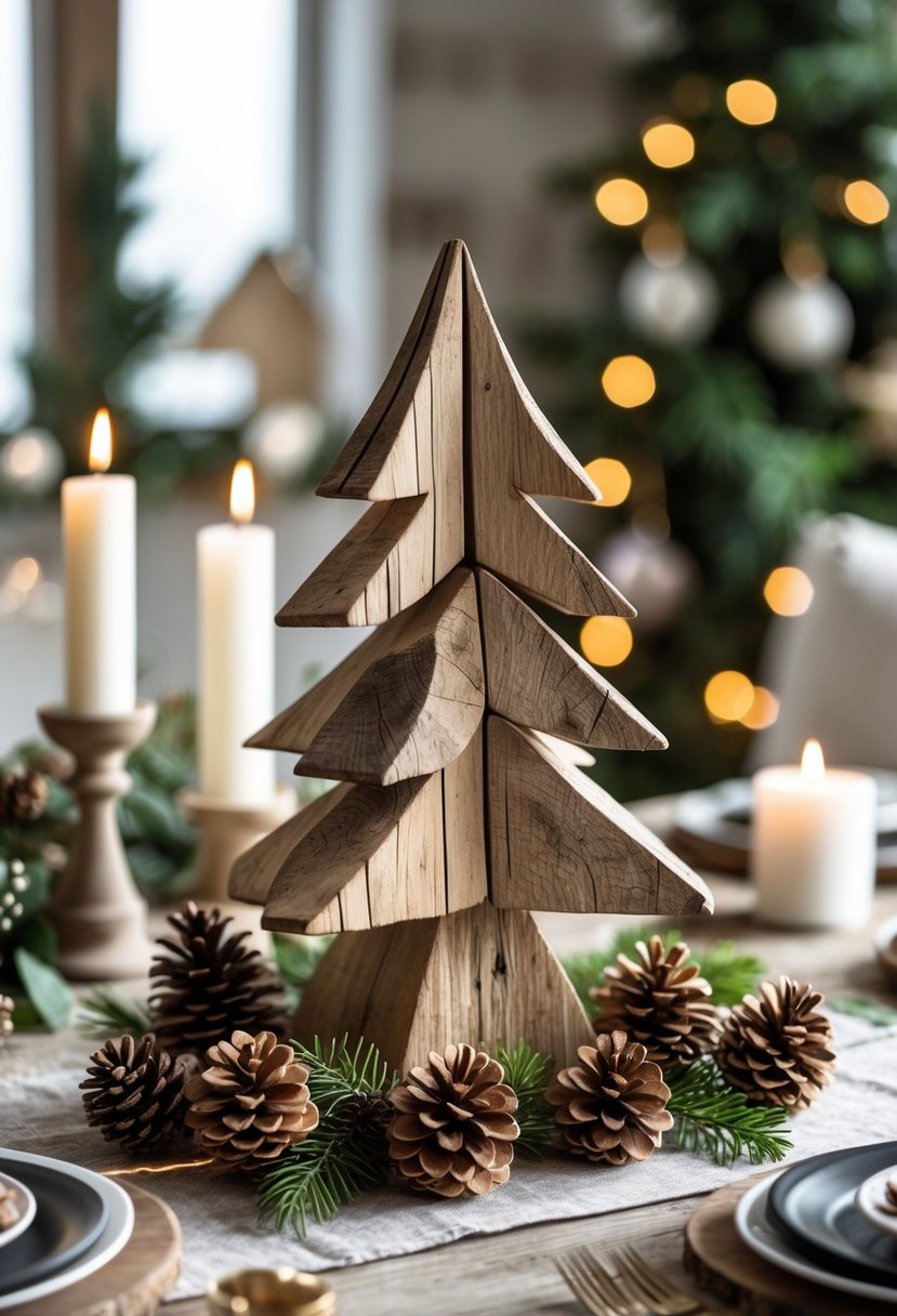 A rustic wooden Christmas tree centerpiece surrounded by pinecones on a table with holiday decorations in the background.