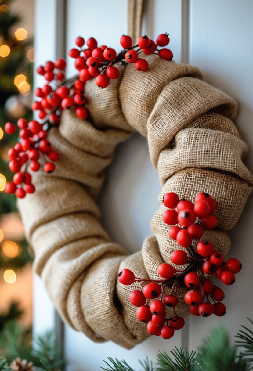 A burlap wreath decorated with red berries hanging against a softly blurred background.