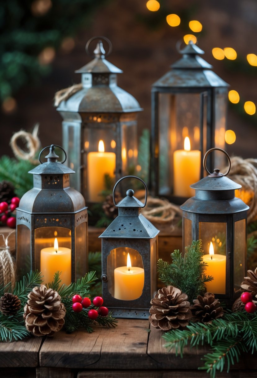 A group of vintage metal lanterns with glowing LED candles surrounded by pinecones, evergreen branches, and red berries on a wooden surface.