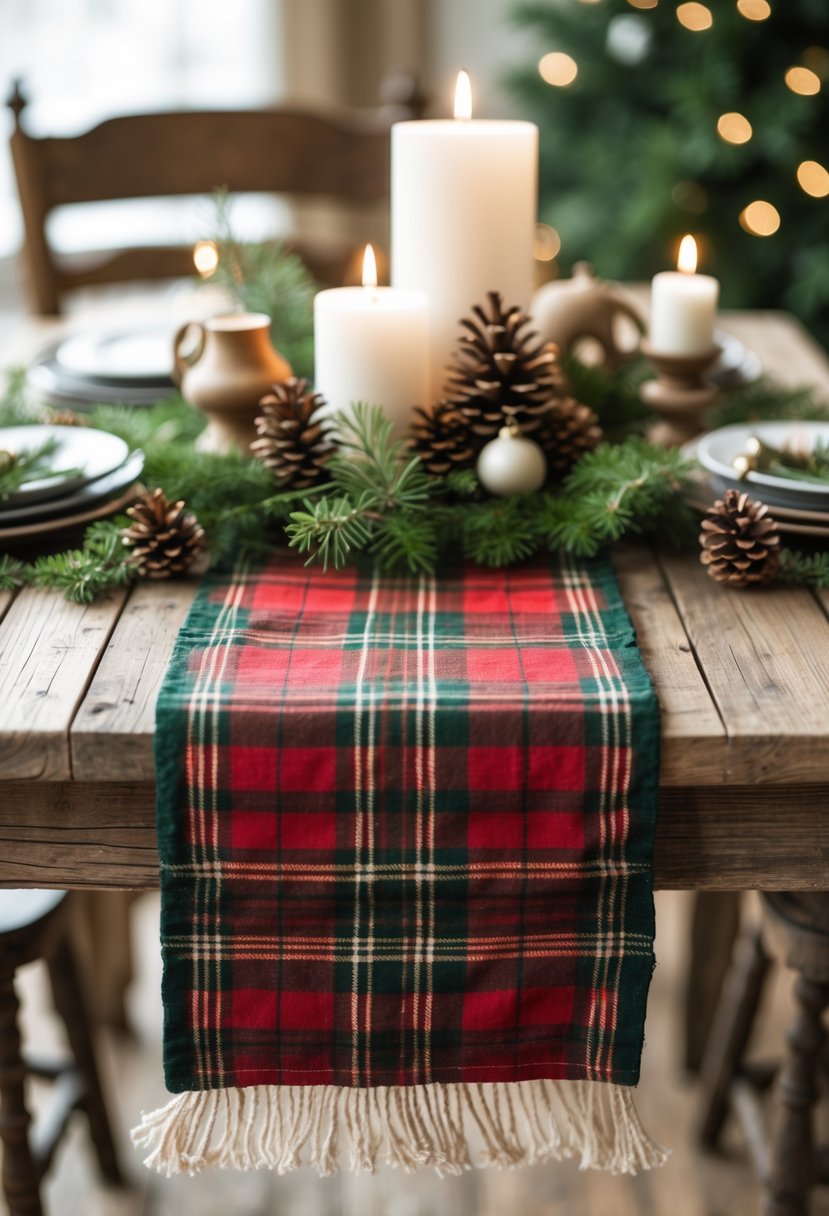 A dining table with a red and green plaid table runner decorated with pine cones, evergreen sprigs, candles, and wooden ornaments for Christmas.