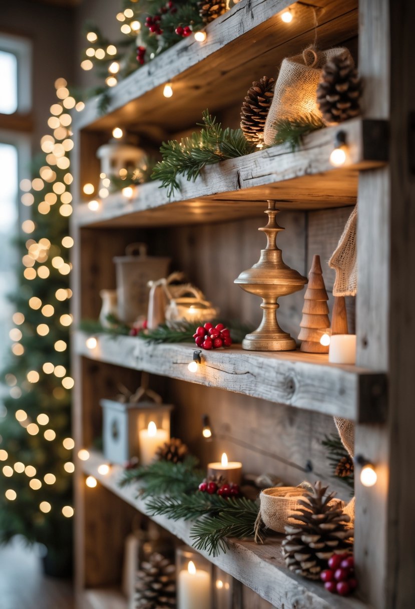 Reclaimed wood shelves decorated with twinkling fairy lights and rustic Christmas ornaments.