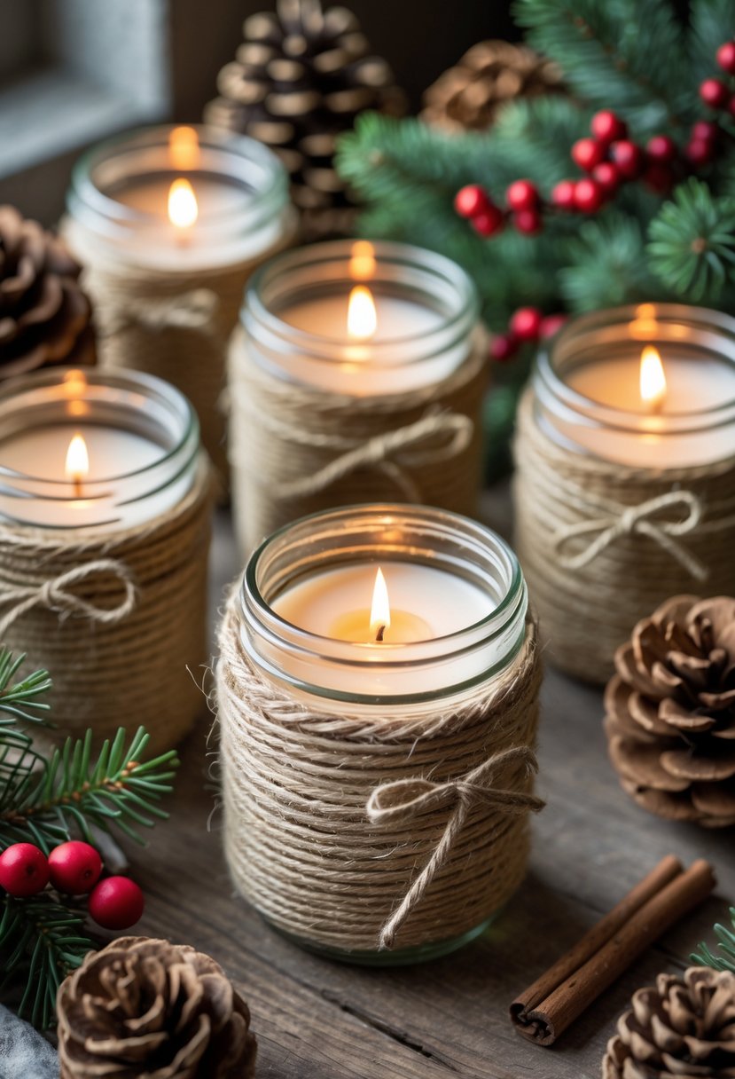 Mason jar candle holders wrapped in twine with lit candles surrounded by Christmas decorations on a wooden surface.